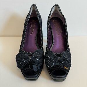 Poetic Licence London Geometric Rhinestone Bow Peep Toe Pumps 39 Pin-Up Perfect